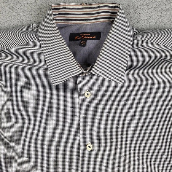 Ben Sherman Shirt Men's Large 16.5 34-35 Black White Check Button Down - Picture 2 of 12